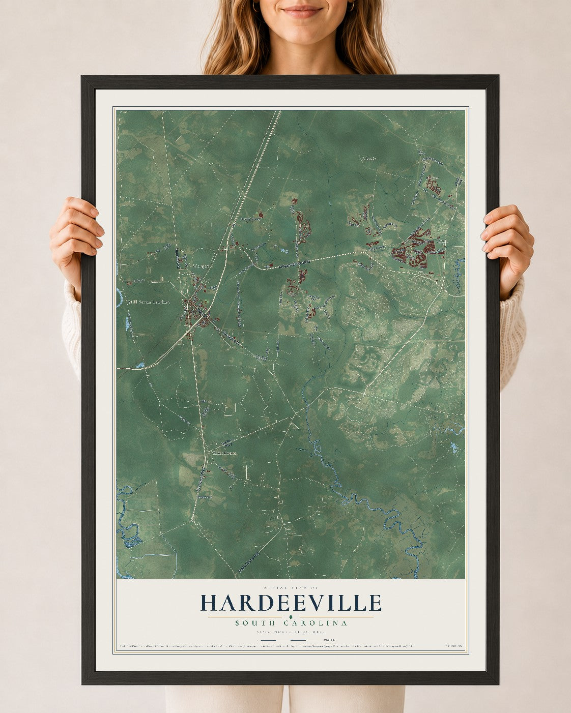 Map of Hardeeville, South Carolina, 24 x 36 inch print in a black wood frame