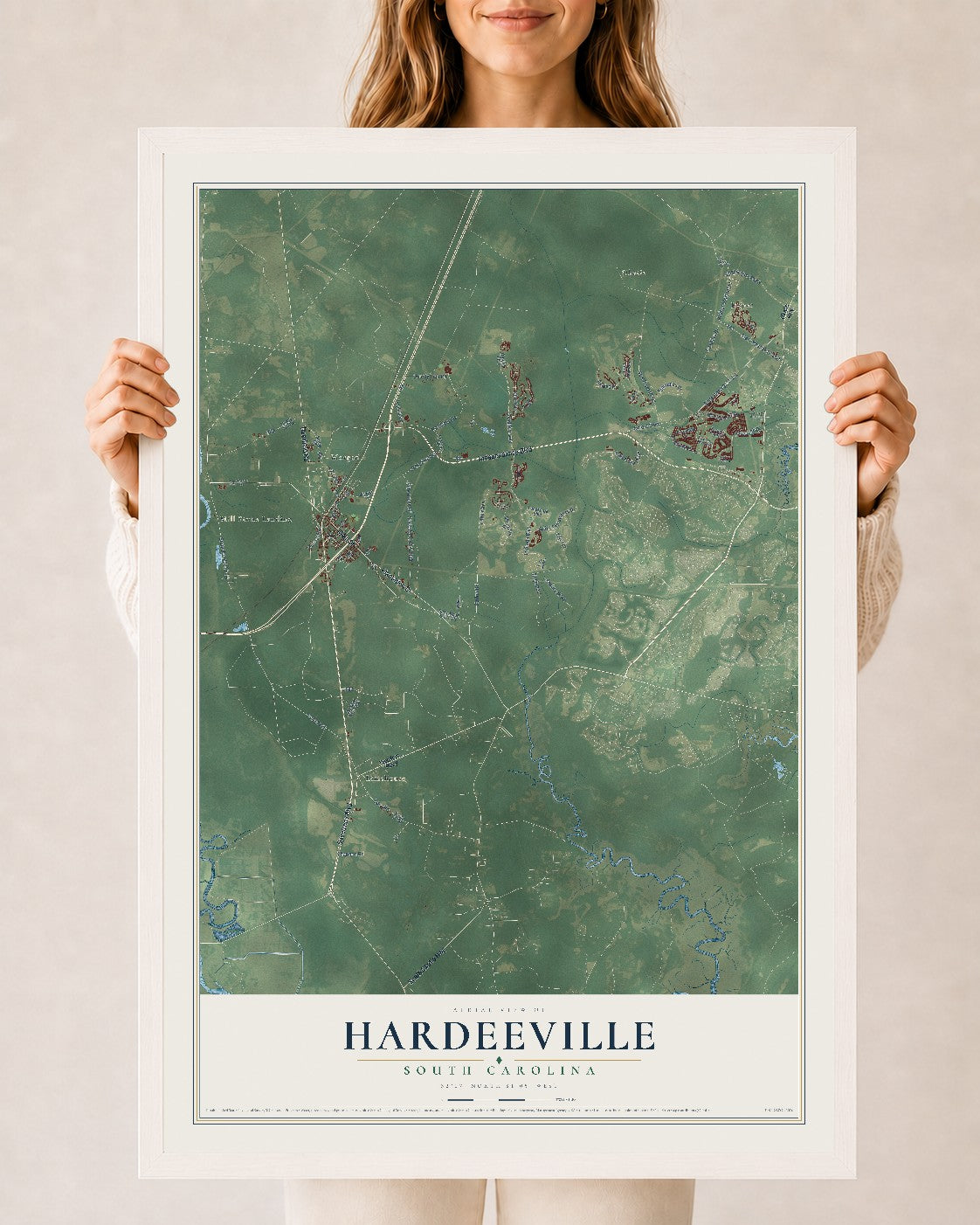 Map of Hardeeville, South Carolina, 24 x 36 inch print in a white wood frame