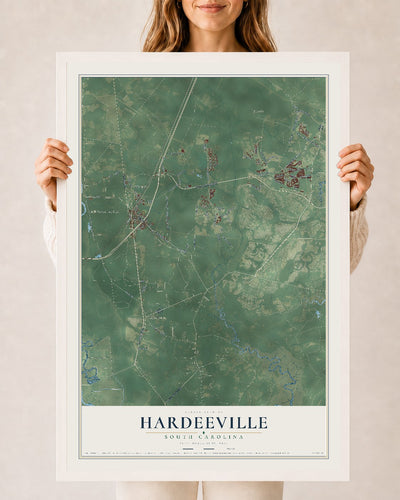 Map of Hardeeville, South Carolina, 24 x 36 inch print in a white wood frame