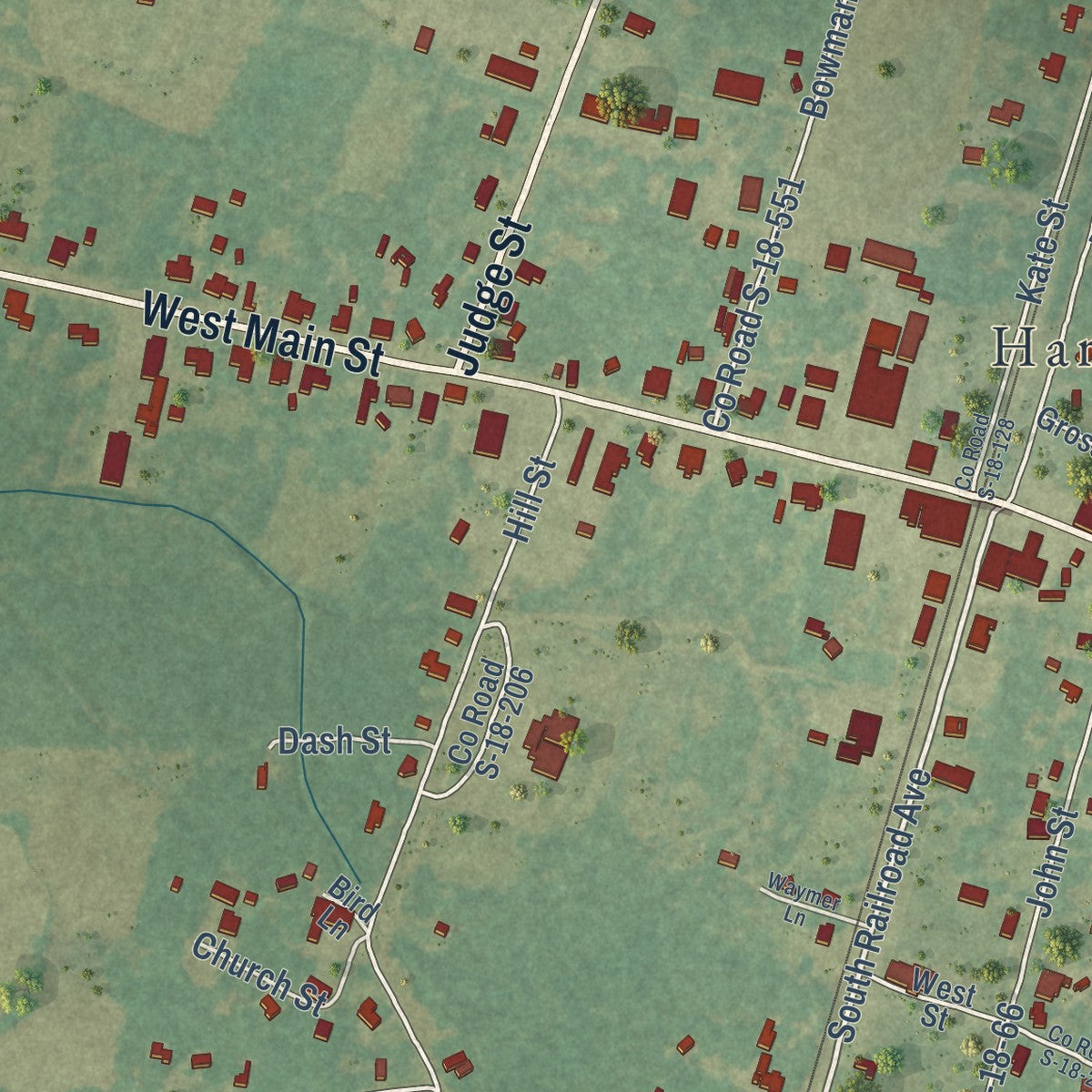Close-up of the map of Harleyville, South Carolina print showing street and building detail