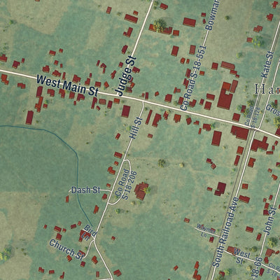 Close-up of the map of Harleyville, South Carolina print showing street and building detail