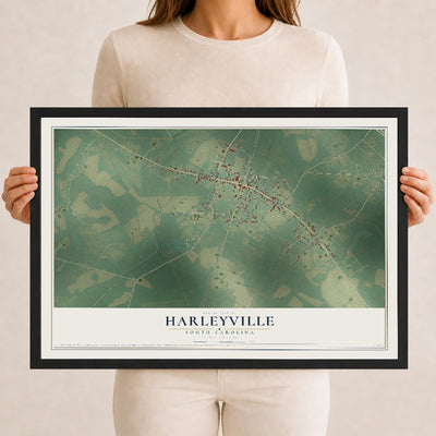 Map of Harleyville, South Carolina, 12 x 18 inch print in a black wood frame