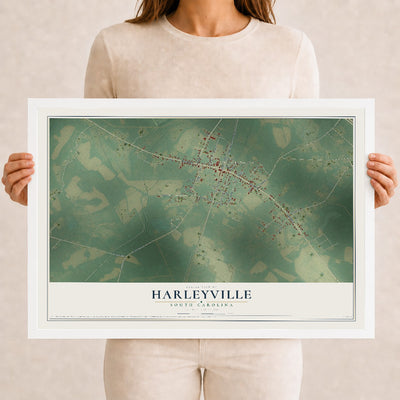 Map of Harleyville, South Carolina, 12 x 18 inch print in a white wood frame