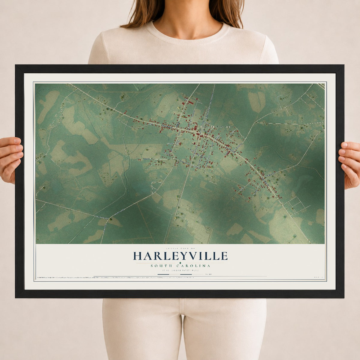 Map of Harleyville, South Carolina, 18 x 24 inch print in a black wood frame