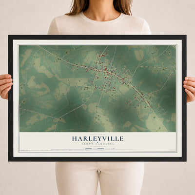 Map of Harleyville, South Carolina, 18 x 24 inch print in a black wood frame