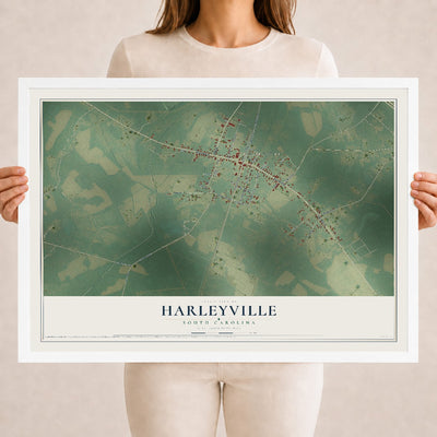 Map of Harleyville, South Carolina, 18 x 24 inch print in a white wood frame