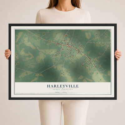 Map of Harleyville, South Carolina, 24 x 36 inch print in a black wood frame