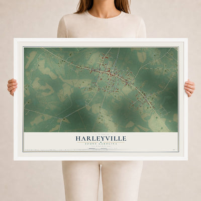 Map of Harleyville, South Carolina, 24 x 36 inch print in a white wood frame