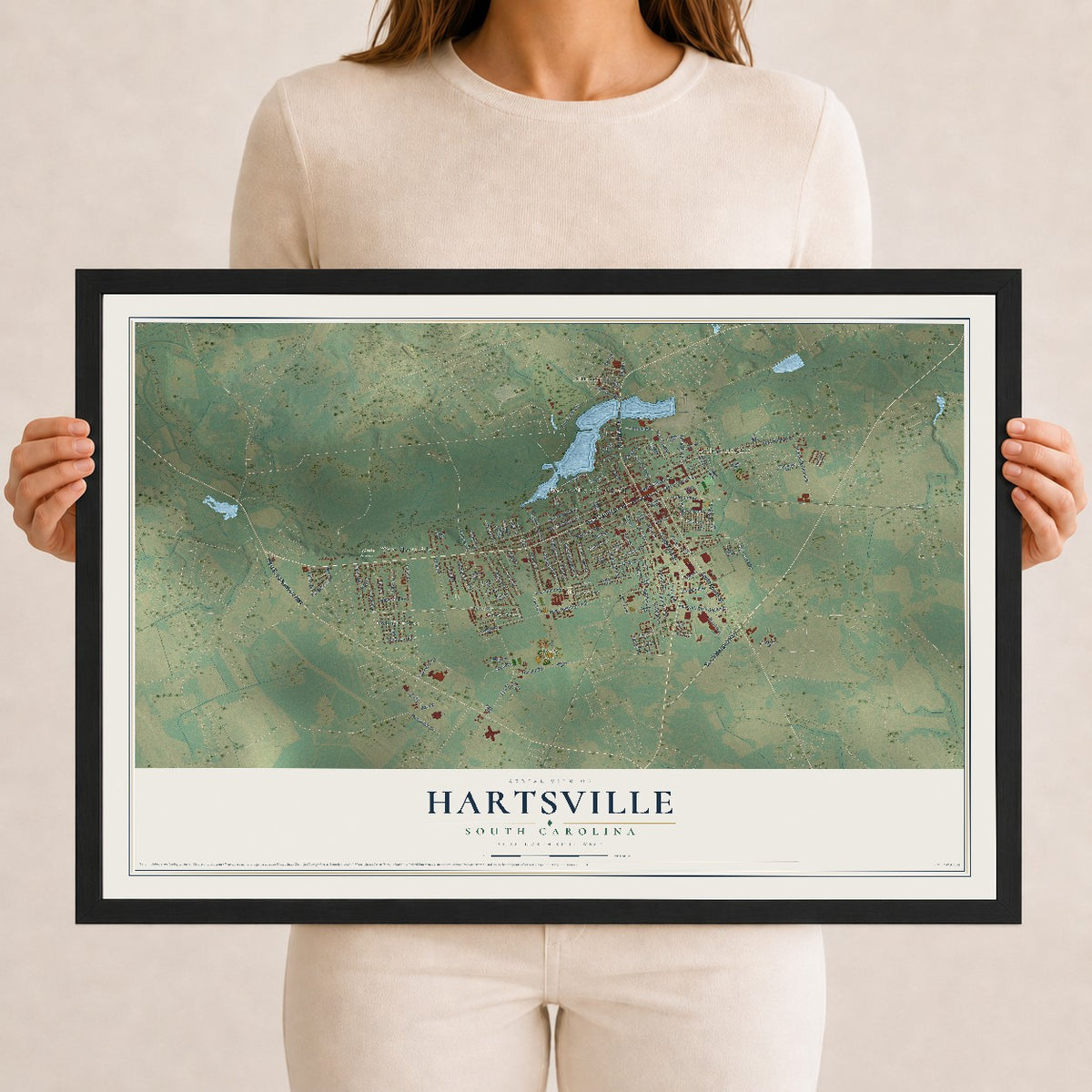 Map of Hartsville, South Carolina, 12 x 18 inch print in a black wood frame
