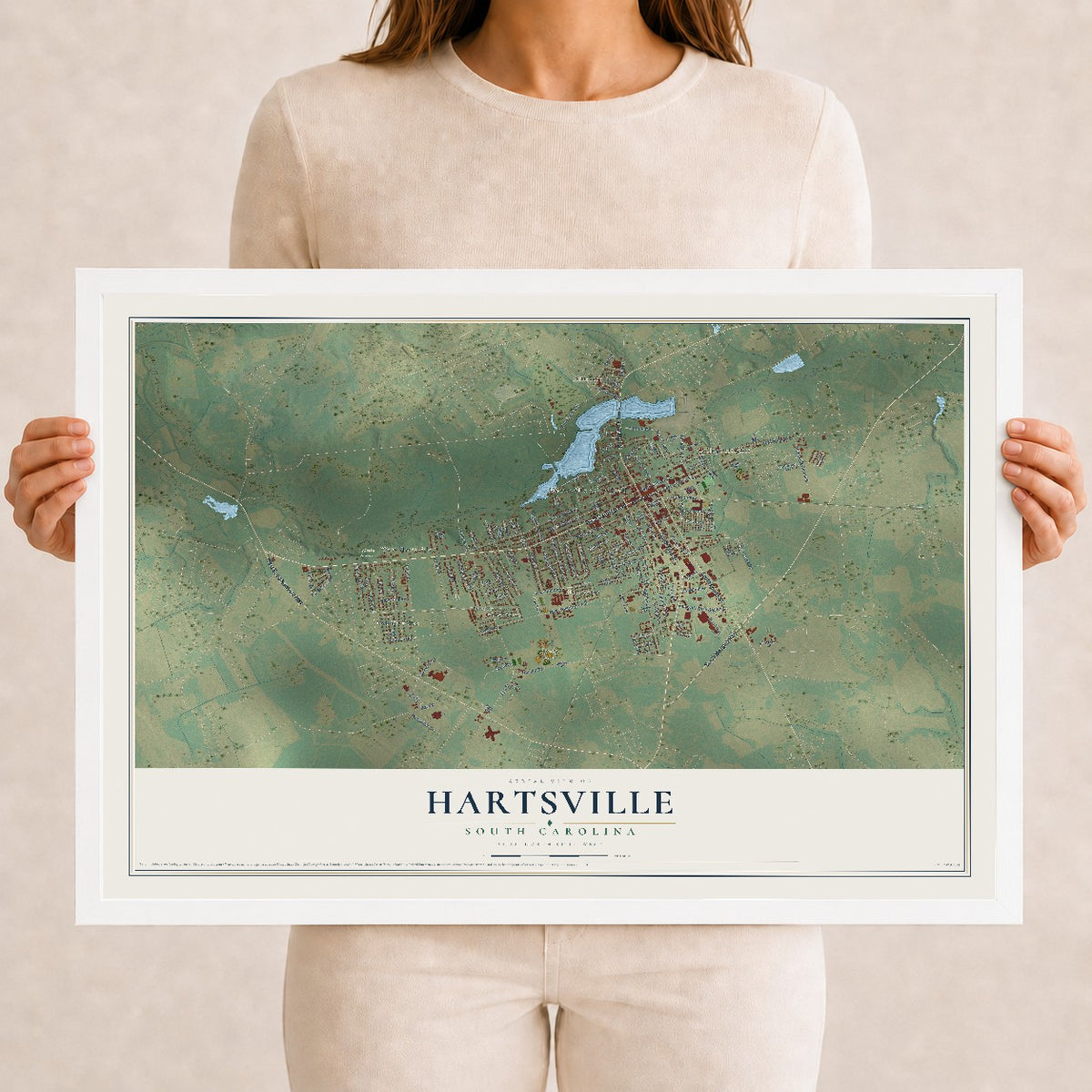 Map of Hartsville, South Carolina, 12 x 18 inch print in a white wood frame