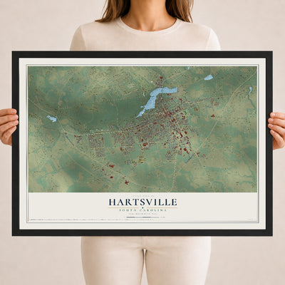Map of Hartsville, South Carolina, 18 x 24 inch print in a black wood frame