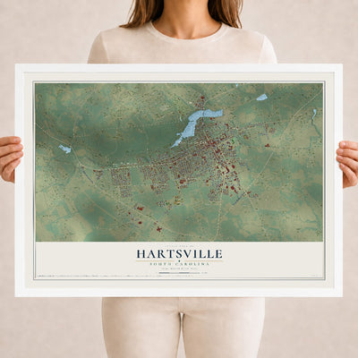 Map of Hartsville, South Carolina, 18 x 24 inch print in a white wood frame