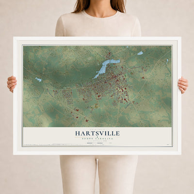 Map of Hartsville, South Carolina, 24 x 36 inch print in a white wood frame