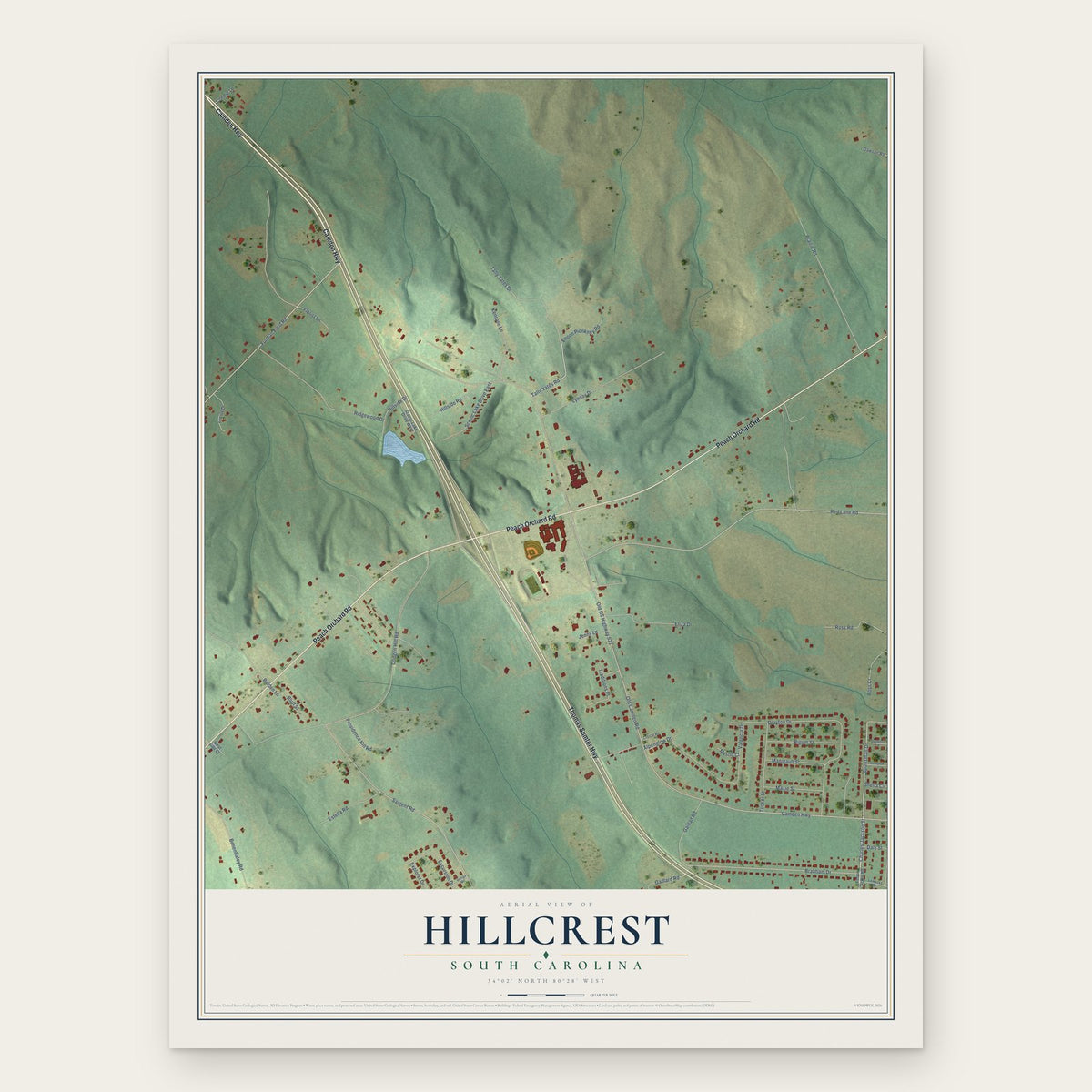 Hillcrest, South Carolina map print, the full design