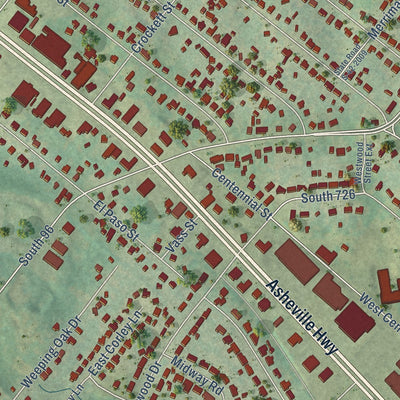 Close-up of the map of Hilltop, South Carolina print showing street and building detail