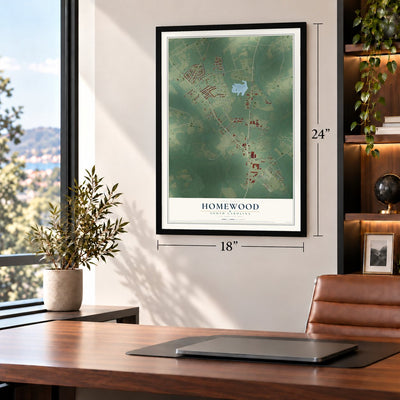 Homewood, South Carolina map, 18 x 24 inch print in a black frame in a home office