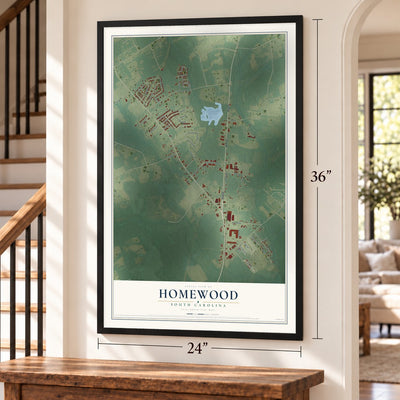 Homewood, South Carolina map, 24 x 36 inch print in a black frame by a staircase