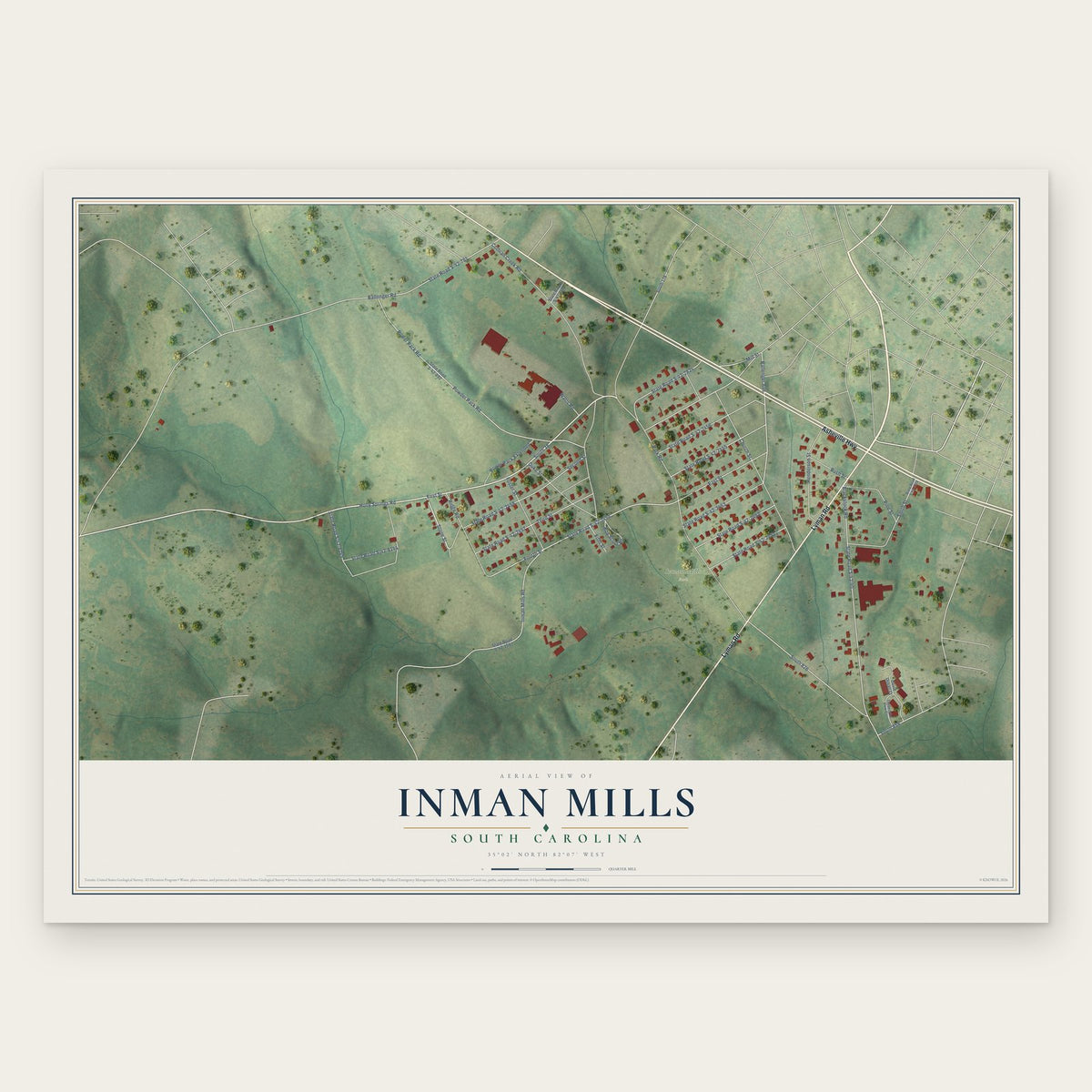 Inman Mills, South Carolina map print, the full design
