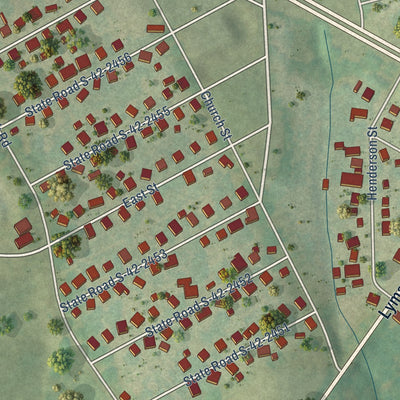 Close-up of the map of Inman Mills, South Carolina print showing street and building detail