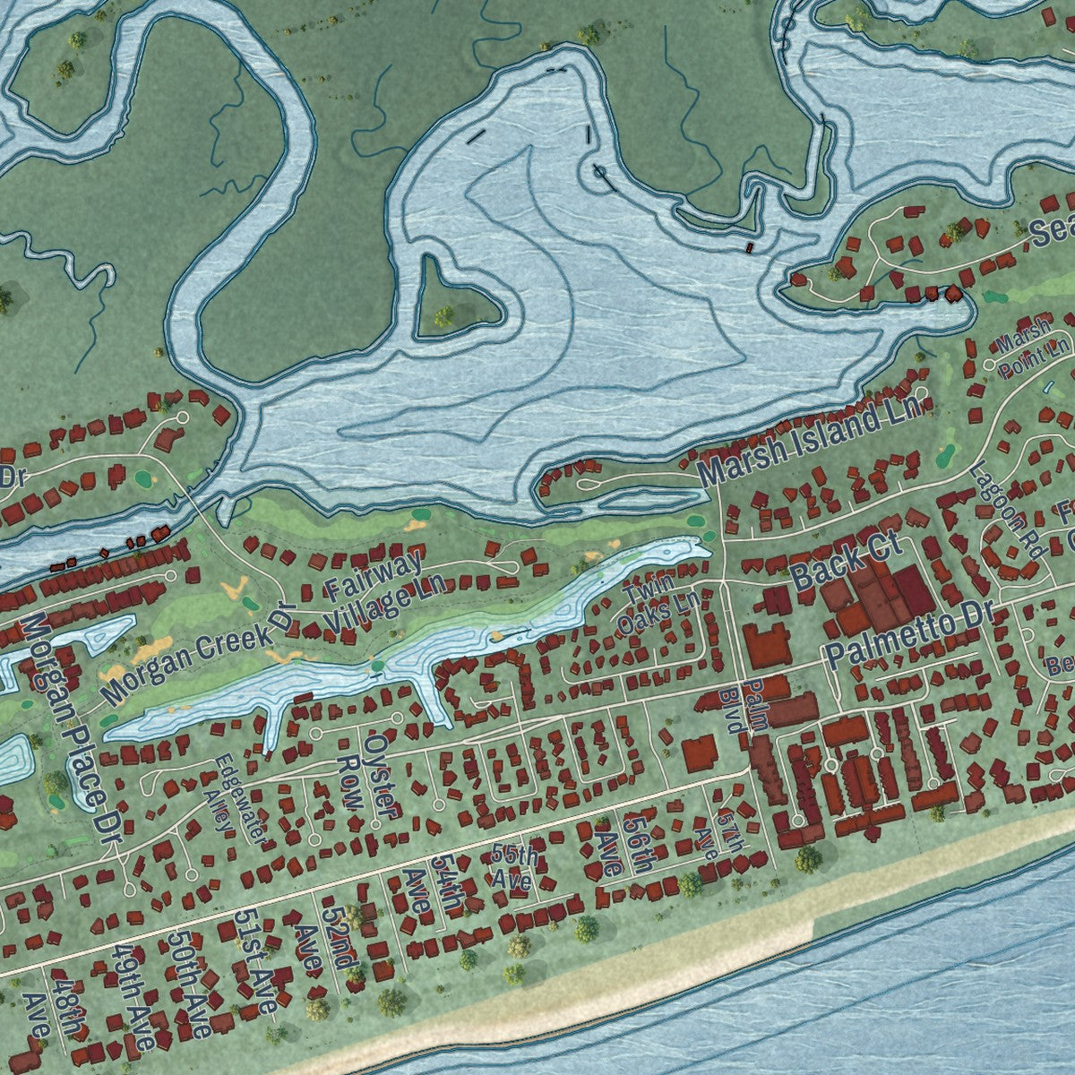 Close-up of the map of Isle of Palms, South Carolina print showing street and building detail