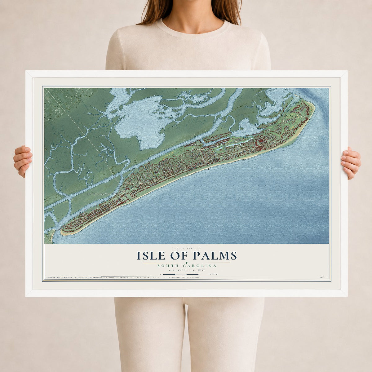 Map of Isle of Palms, South Carolina, 24 x 36 inch print in a white wood frame