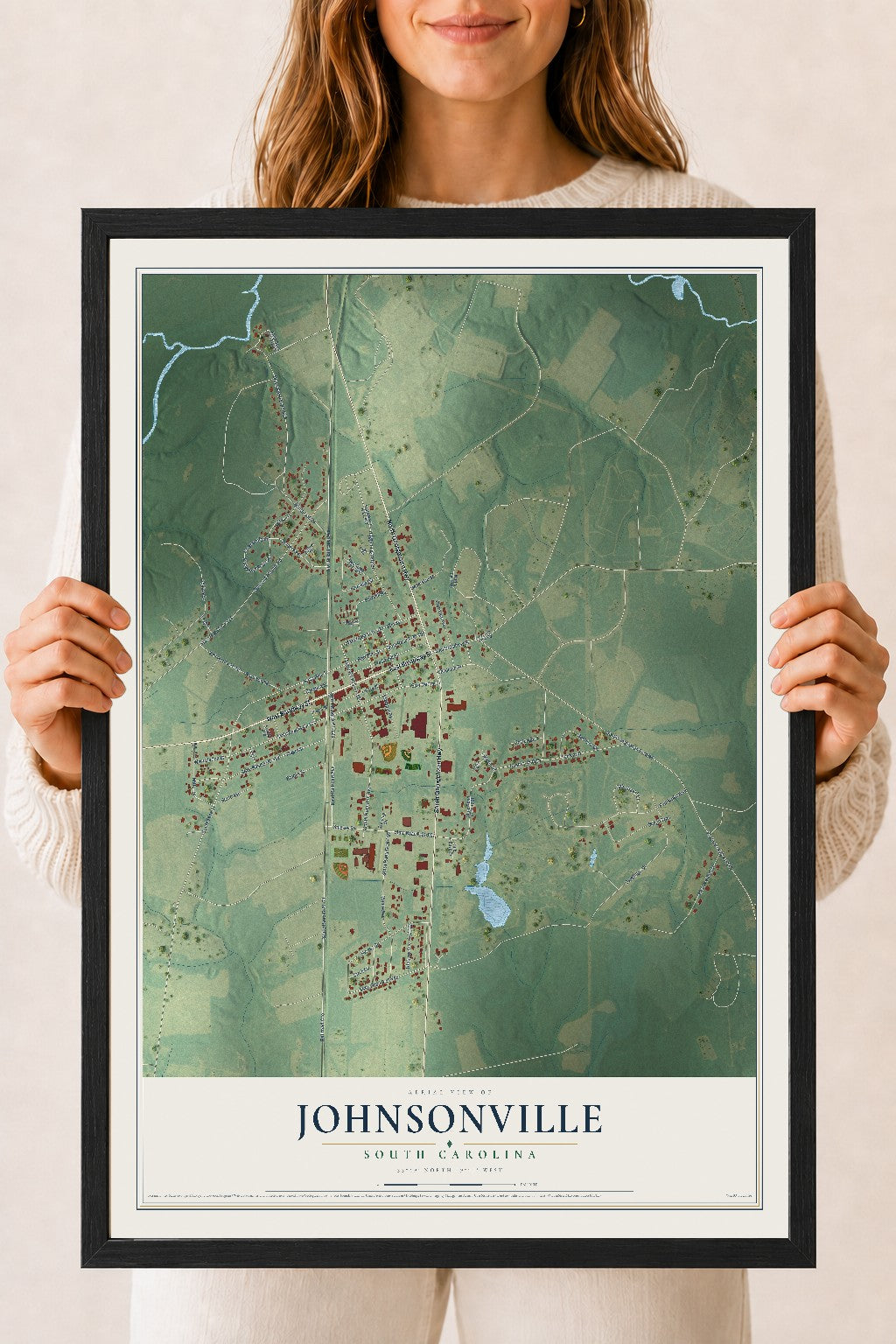 Map of Johnsonville, South Carolina, 18 x 24 inch print in a black wood frame