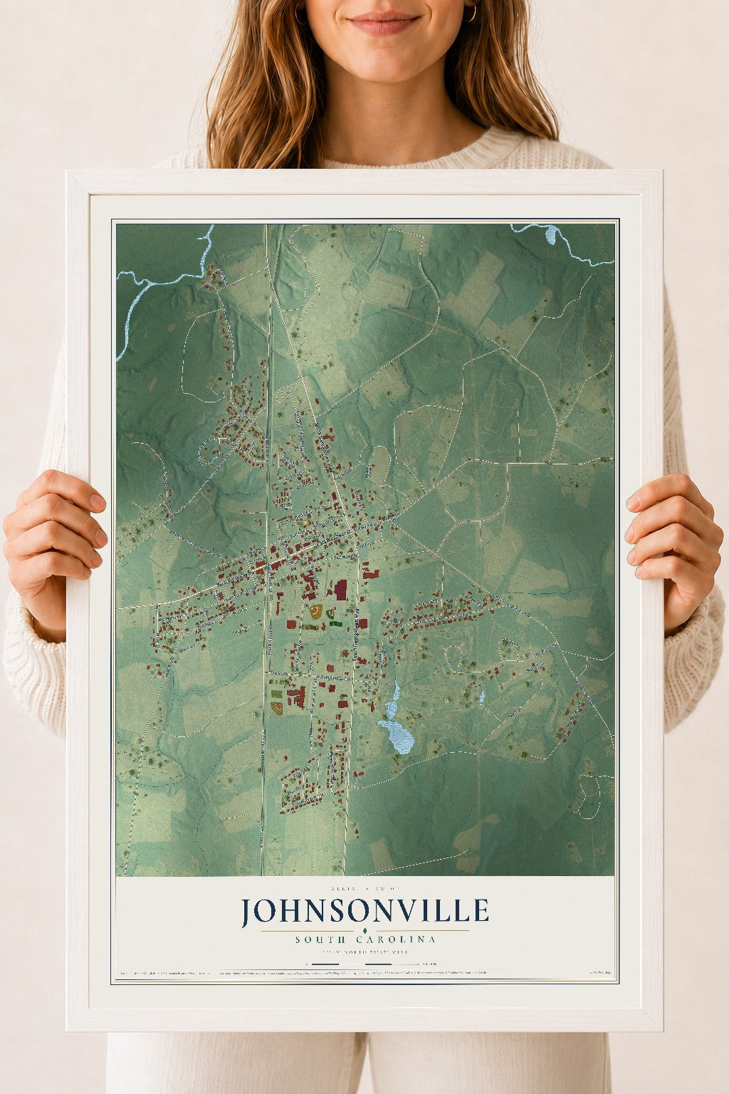 Map of Johnsonville, South Carolina, 18 x 24 inch print in a white wood frame