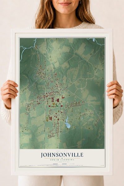 Map of Johnsonville, South Carolina, 18 x 24 inch print in a white wood frame