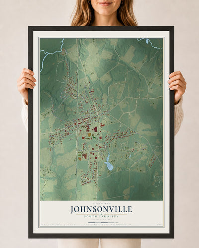 Map of Johnsonville, South Carolina, 24 x 36 inch print in a black wood frame