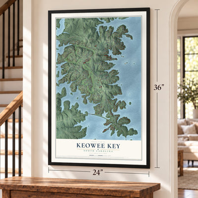 Keowee Key, South Carolina map, 24 x 36 inch print in a black frame by a staircase