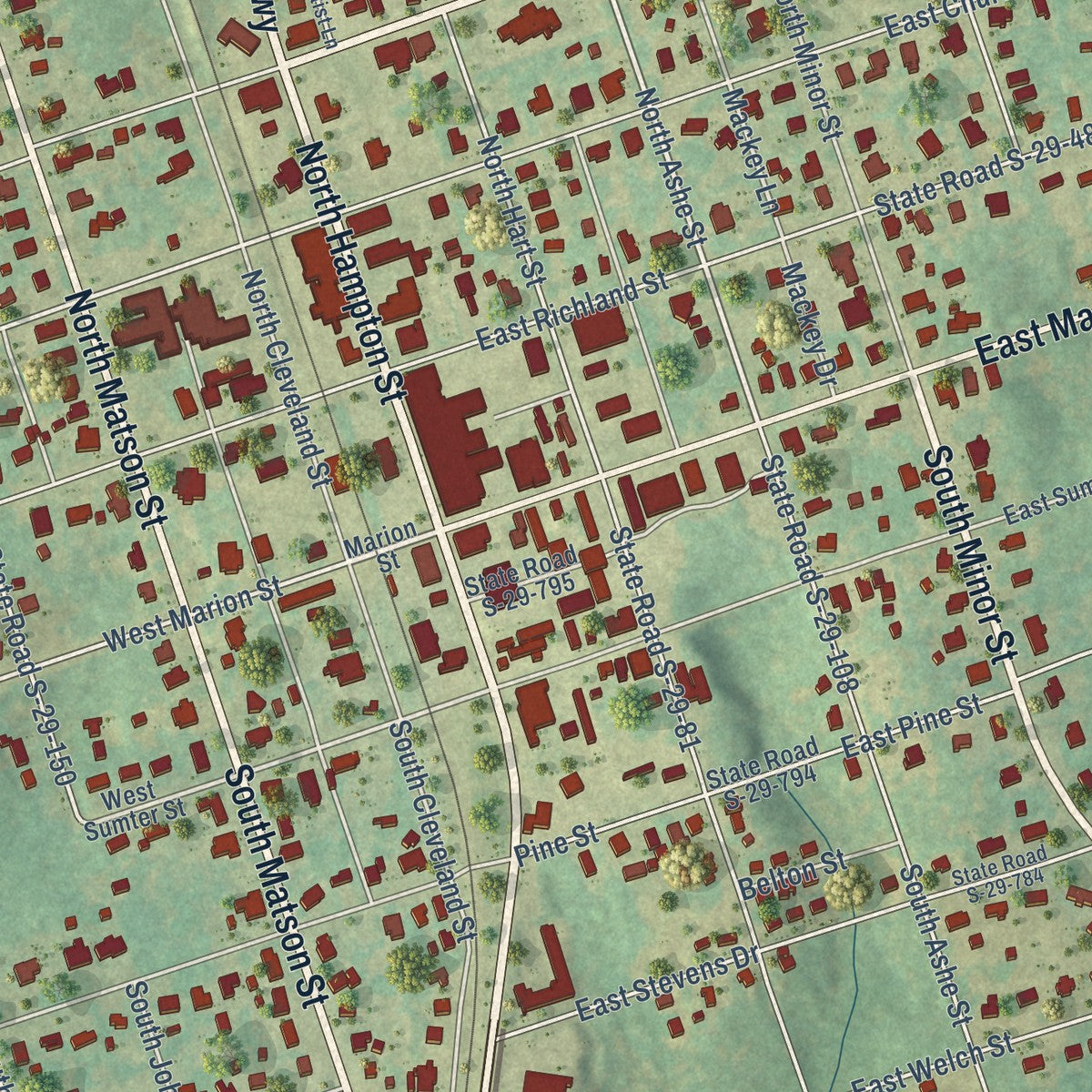 Close-up of the map of Kershaw, South Carolina print showing street and building detail