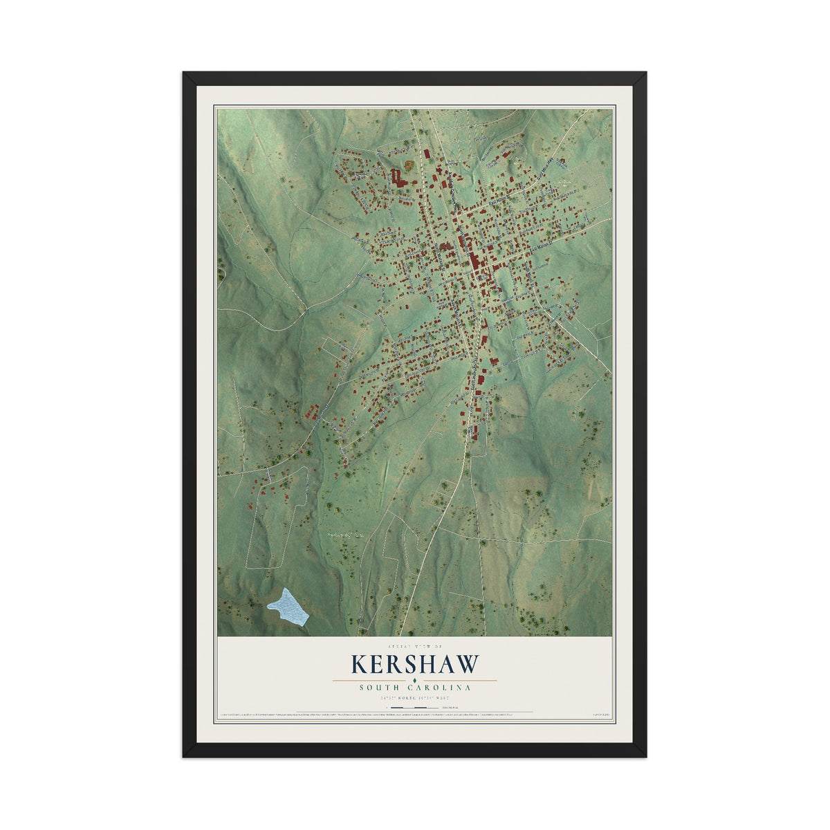 Map of Kershaw, South Carolina, 12 x 18 inch print in a black wood frame