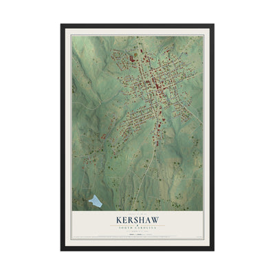 Map of Kershaw, South Carolina, 12 x 18 inch print in a black wood frame