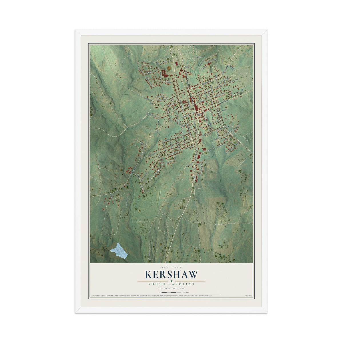 Map of Kershaw, South Carolina, 12 x 18 inch print in a white wood frame