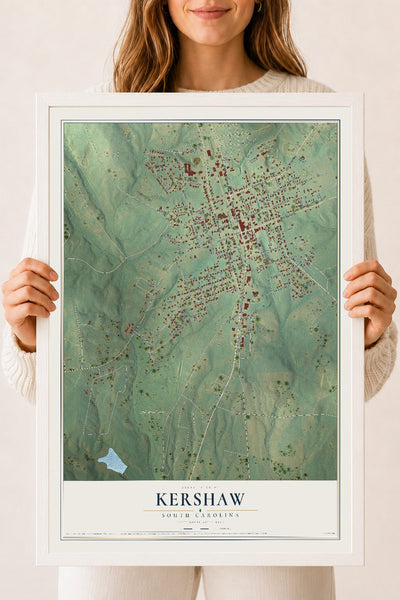 Map of Kershaw, South Carolina, 18 x 24 inch print in a white wood frame