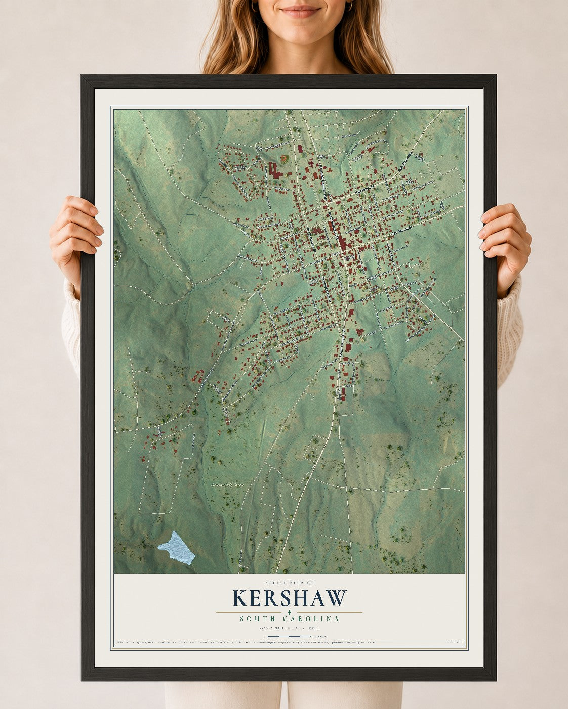 Map of Kershaw, South Carolina, 24 x 36 inch print in a black wood frame