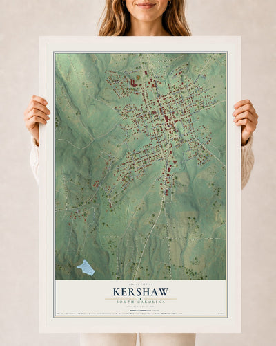 Map of Kershaw, South Carolina, 24 x 36 inch print in a white wood frame