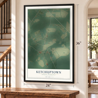 Ketchuptown, South Carolina map, 24 x 36 inch print in a black frame by a staircase