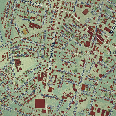 Close-up of the map of Lake City, South Carolina print showing street and building detail