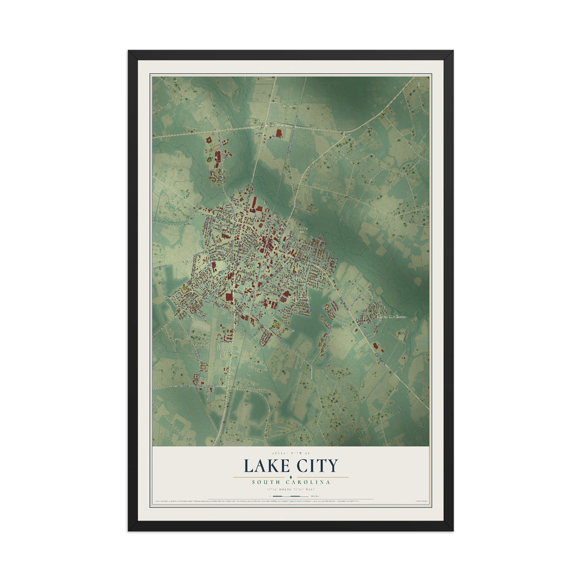 Map of Lake City, South Carolina, 12 x 18 inch print in a black wood frame