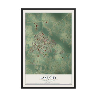 Map of Lake City, South Carolina, 12 x 18 inch print in a black wood frame