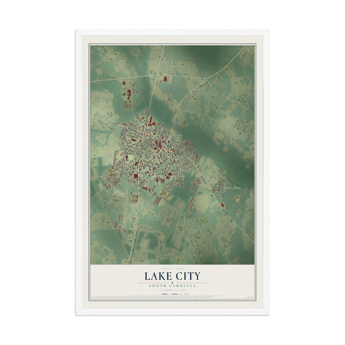 Map of Lake City, South Carolina, 12 x 18 inch print in a white wood frame