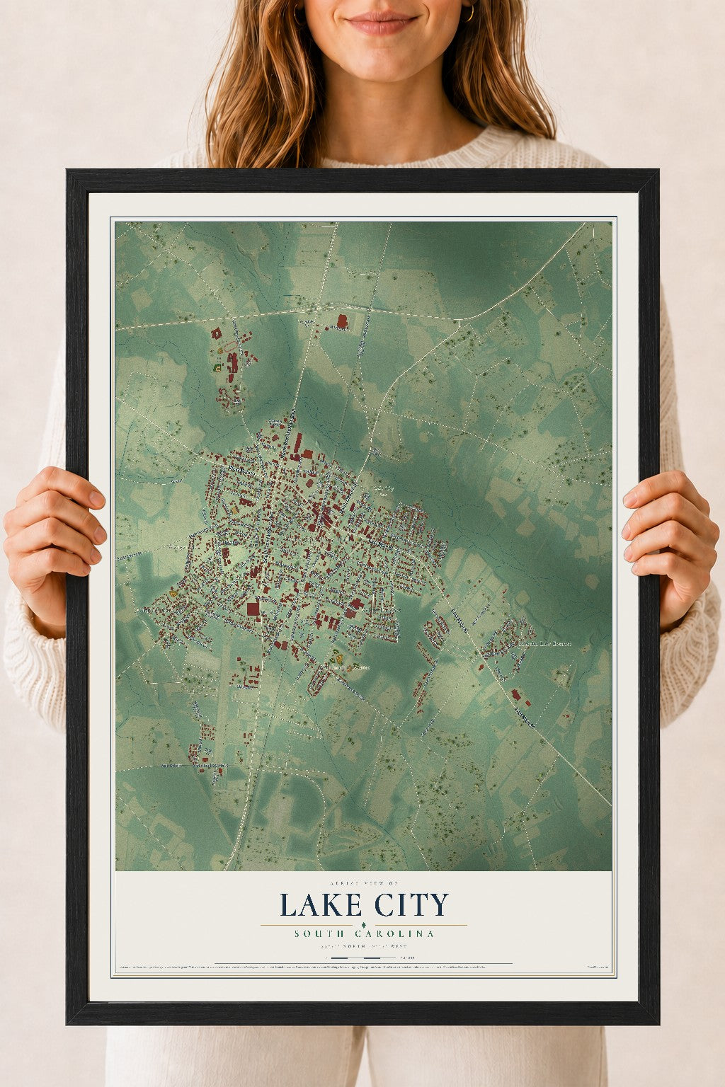 Map of Lake City, South Carolina, 18 x 24 inch print in a black wood frame