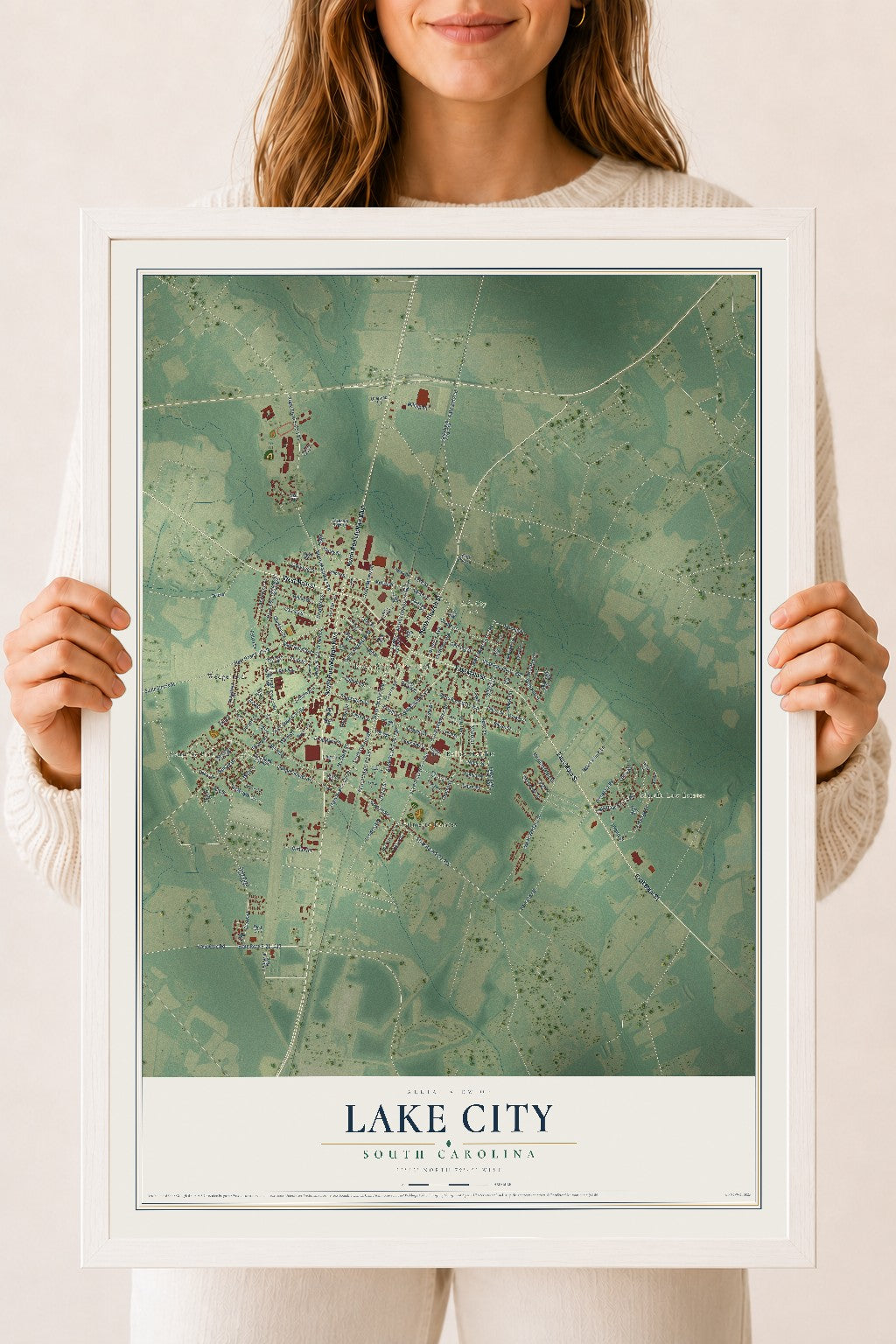 Map of Lake City, South Carolina, 18 x 24 inch print in a white wood frame