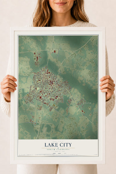 Map of Lake City, South Carolina, 18 x 24 inch print in a white wood frame