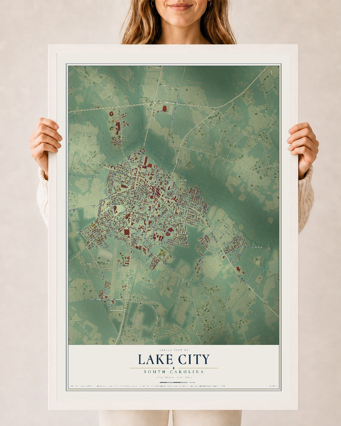 Map of Lake City, South Carolina, 24 x 36 inch print in a white wood frame