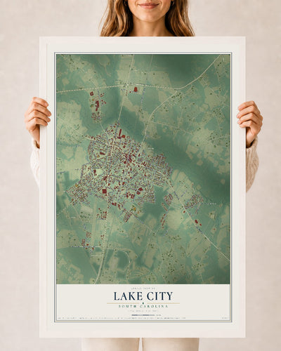 Map of Lake City, South Carolina, 24 x 36 inch print in a white wood frame