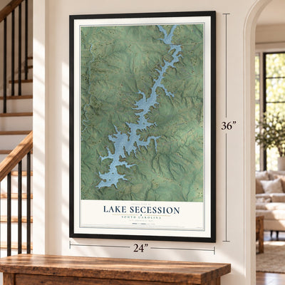 Lake Secession, South Carolina map, 24 x 36 inch print in a black frame by a staircase