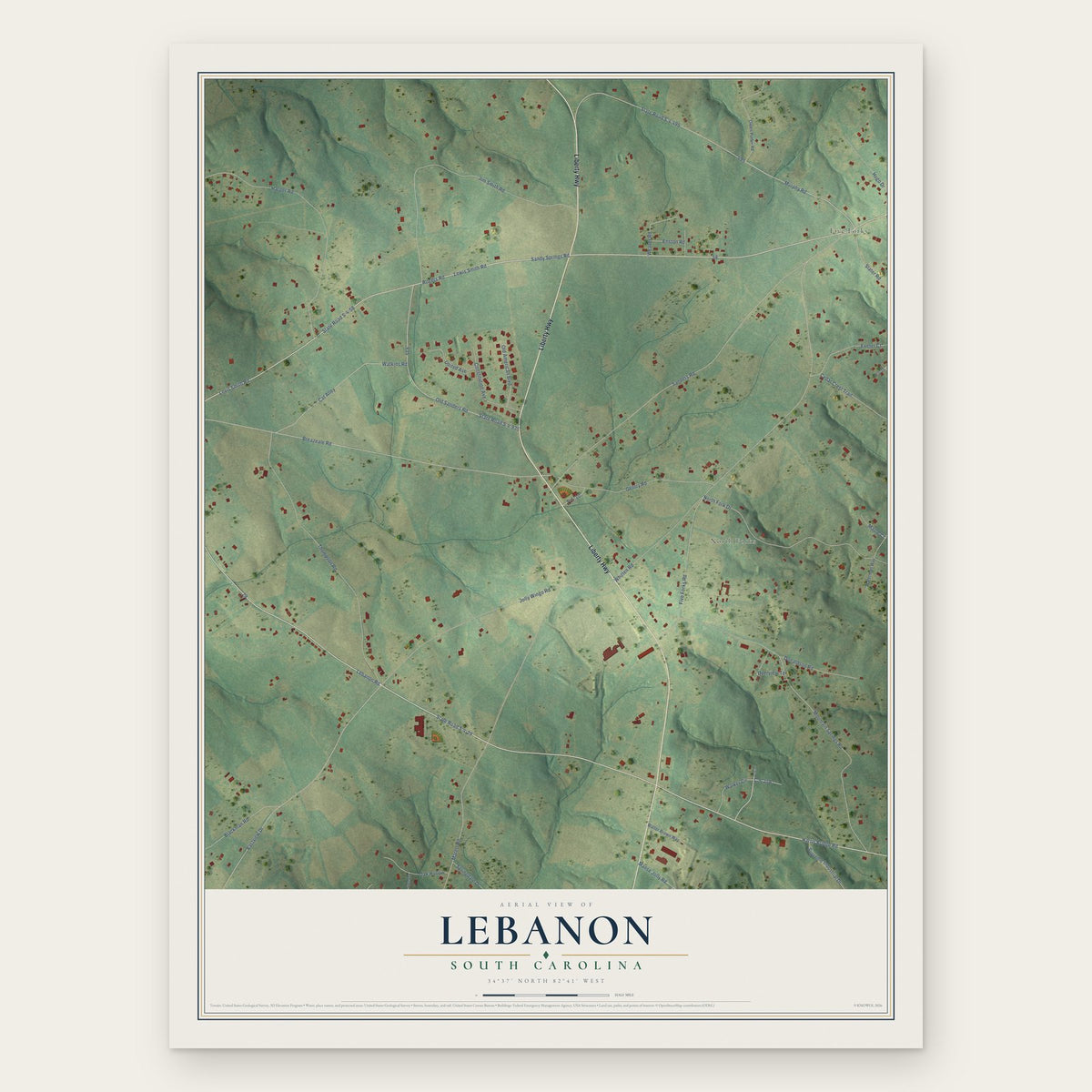 Lebanon, South Carolina map print, the full design