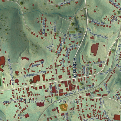 Close-up of the map of Liberty, South Carolina print showing street and building detail